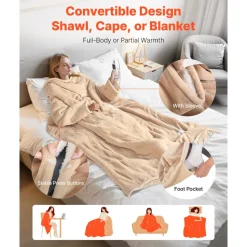 VEVOR Wearable Electric Heated Throw Blanket with Foot Pocket & Sleeves, Portable Robe Snuggie Blankets for Women, 10 Heating Levels, 12H Auto Shut-Off, Machine Washable, 50 x 70 inch, Beige