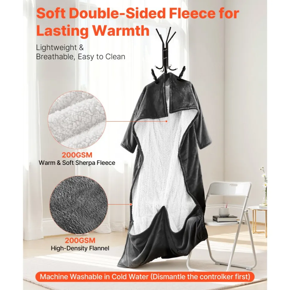 VEVOR Wearable Electric Heated Throw Blanket with Foot Pocket & Sleeves, Portable Robe Snuggie Blankets for Women, 10 Heating Levels, 12H Auto Shut-Off, Machine Washable, 50 x 70 inch, Grey