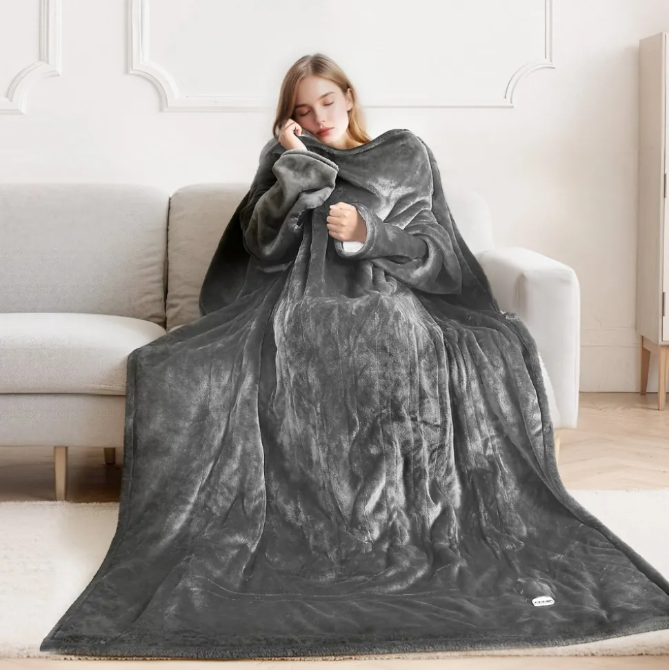 VEVOR Wearable Electric Heated Throw Blanket with Foot Pocket & Sleeves, Portable Robe Snuggie Blankets for Women, 10 Heating Levels, 12H Auto Shut-Off, Machine Washable, 50 x 70 inch, Grey
