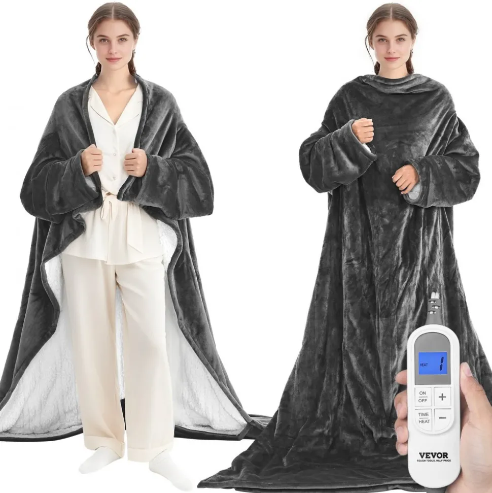 VEVOR Wearable Electric Heated Throw Blanket with Foot Pocket & Sleeves, Portable Robe Snuggie Blankets for Women, 10 Heating Levels, 12H Auto Shut-Off, Machine Washable, 50 x 70 inch, Grey