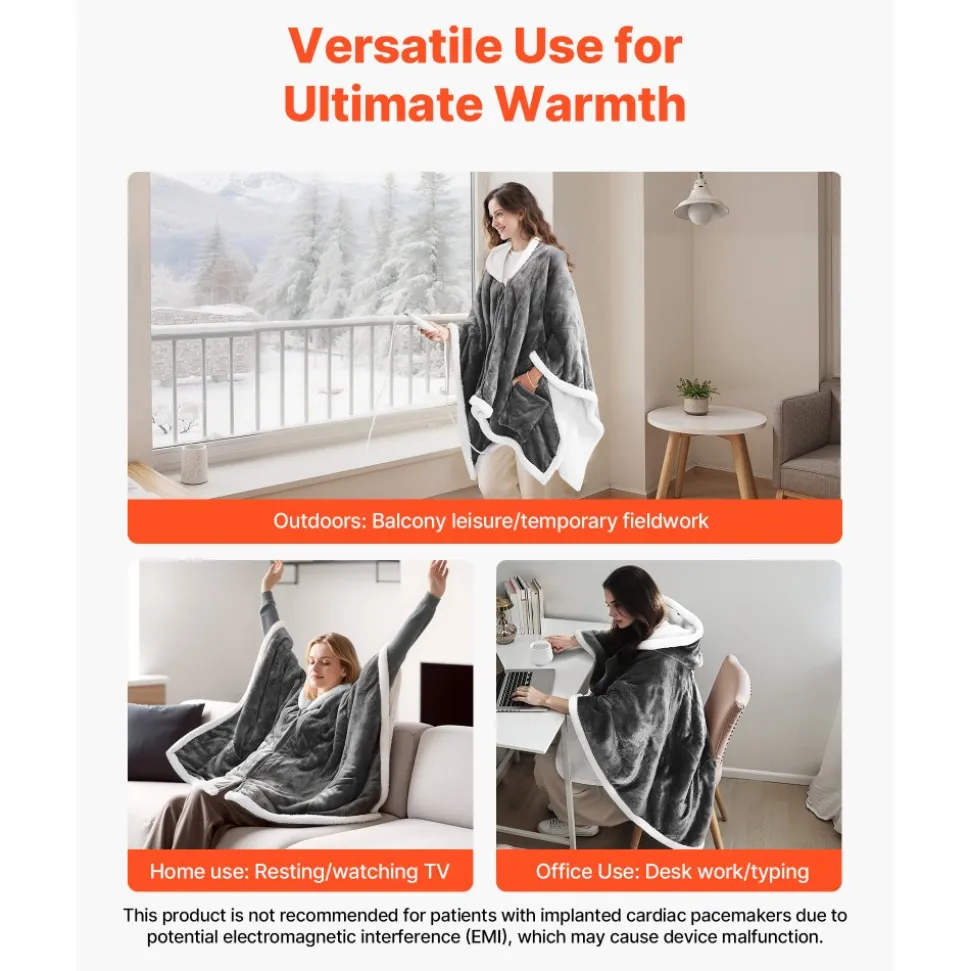 VEVOR Wearable Heated Throw Blanket Electric Shawl, Portable Robe Blanket Hoodie for Women, 5 Heating Levels, 3H Auto Shut-Off, Overheat Protection,Winter for Adult Mom Girlfriend,Machine Washable