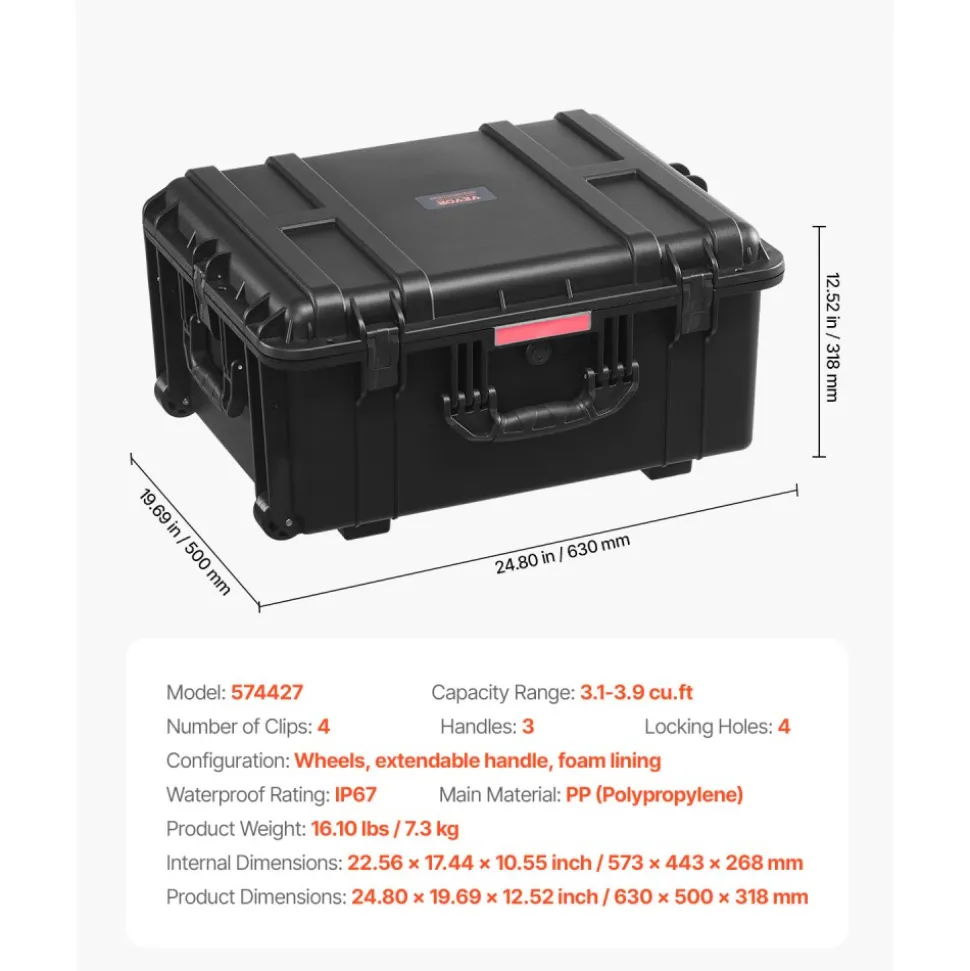 VEVOR Weatherproof Hard Case, Heavy Duty Protective Dry Box Case with Pre-Cut Foam, Wheels & Retractable Pull Handles for Travel, Hunt, Military, Tactical, IP67 Waterproof Case for Cameras(63x50x32)