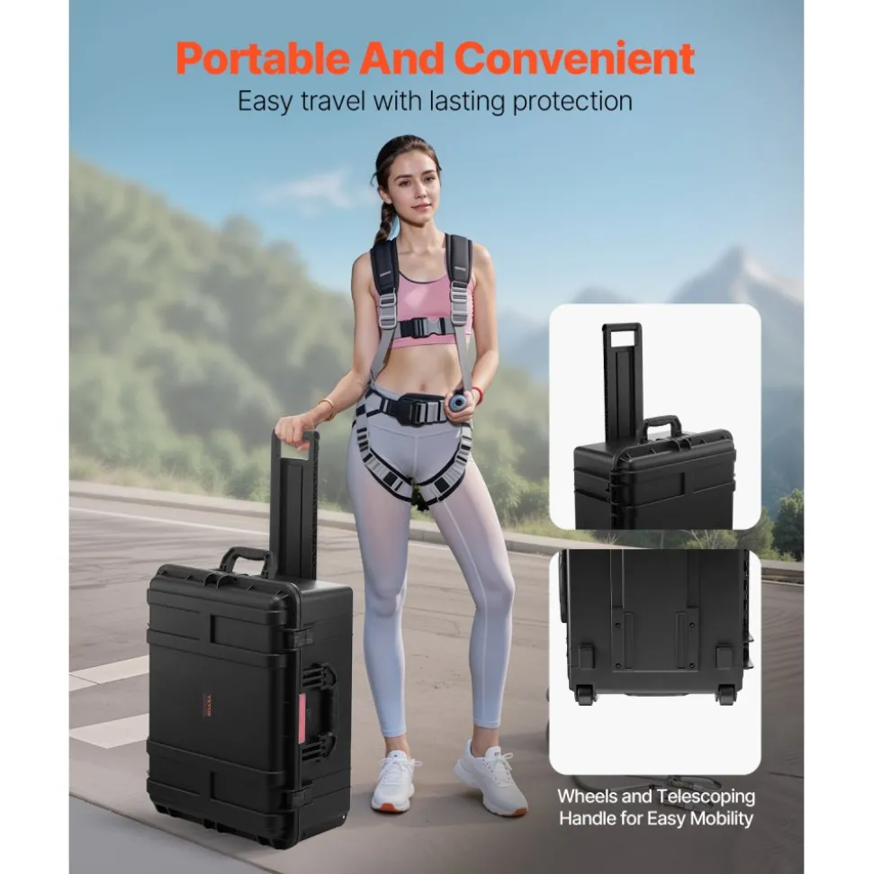 VEVOR Weatherproof Hard Case, Heavy Duty Protective Dry Box Case with Pre-Cut Foam, Wheels & Retractable Pull Handles for Travel, Hunt, Military, Tactical, IP67 Waterproof Case for Cameras(63x50x32)