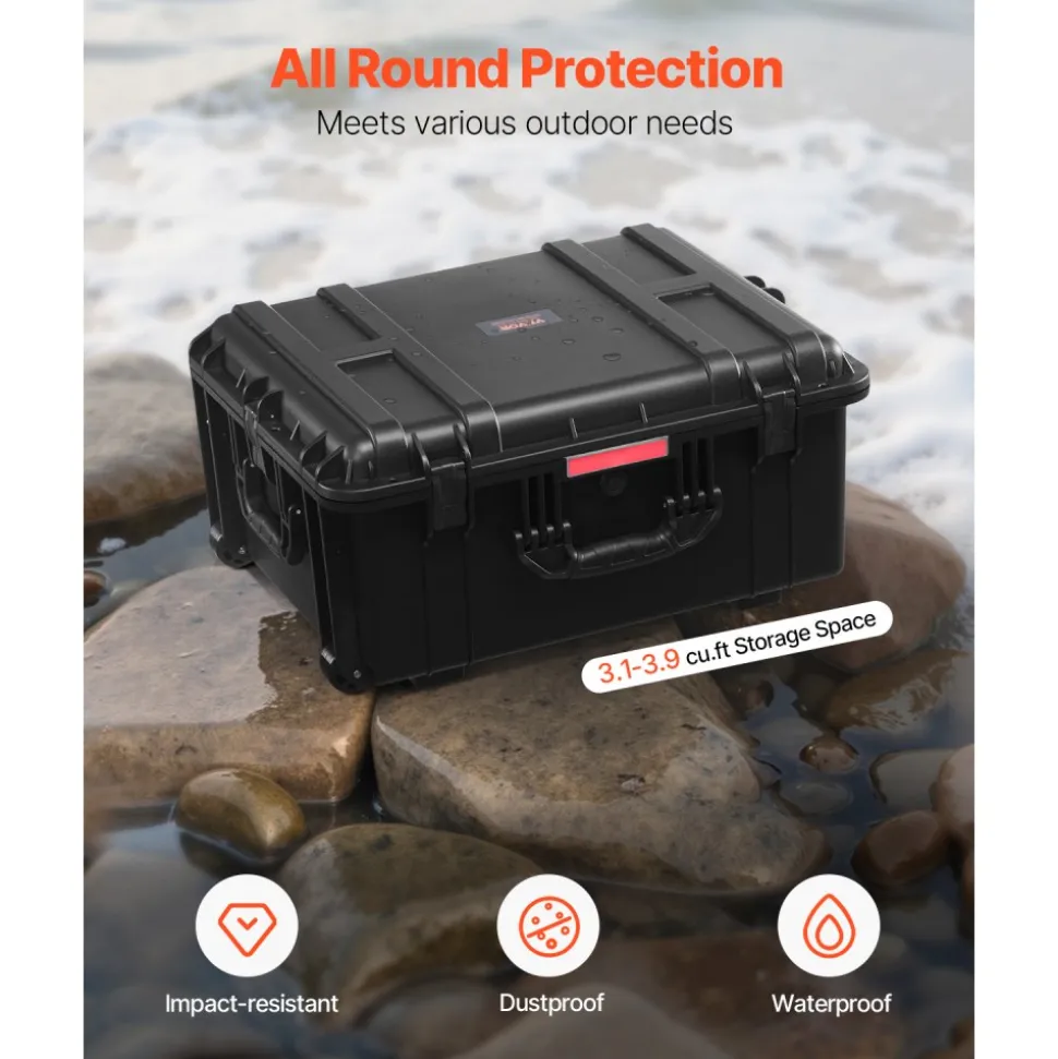 VEVOR Weatherproof Hard Case, Heavy Duty Protective Dry Box Case with Pre-Cut Foam, Wheels & Retractable Pull Handles for Travel, Hunt, Military, Tactical, IP67 Waterproof Case for Cameras(63x50x32)