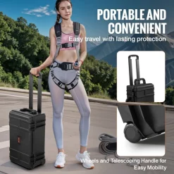 VEVOR Weatherproof Hard Case, Heavy Duty Protective Dry Box Case with Pre-cut Foam, Wheels & Retractable Pull Handles for Travel, Hunt, Military, Tactical, IP67 Waterproof Case for Cameras (64x51x25)