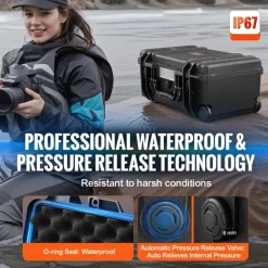 VEVOR Weatherproof Hard Case, Heavy Duty Protective Dry Box Case with Pre-cut Foam, Wheels & Retractable Pull Handles for Travel, Hunt, Military, Tactical, IP67 Waterproof Case for Cameras (64x51x25)