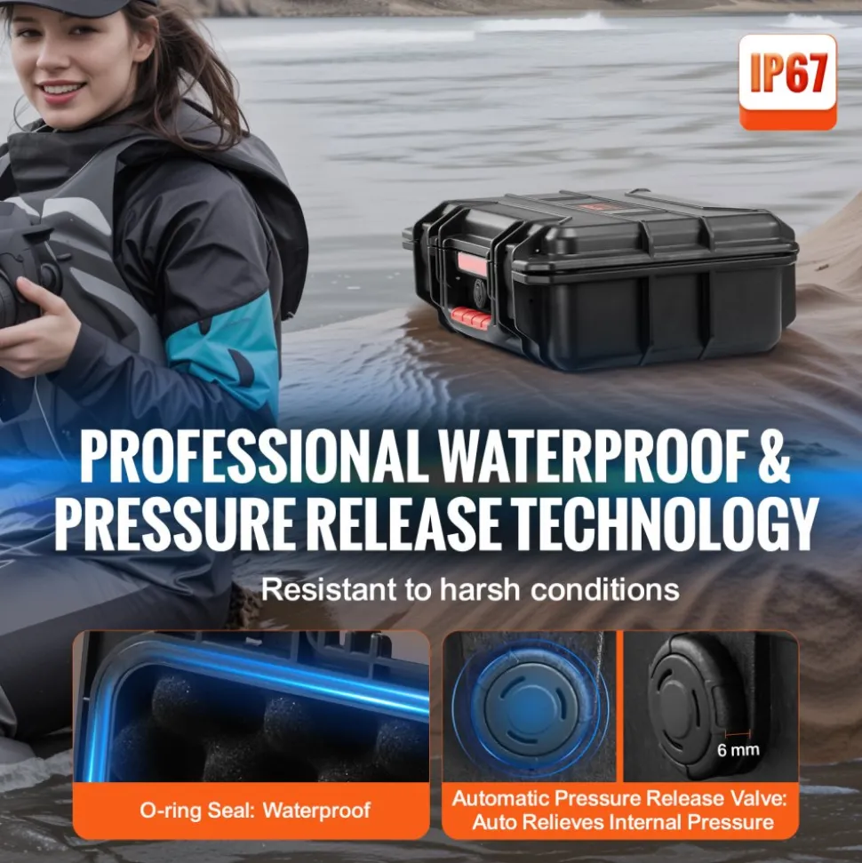 VEVOR Weatherproof Hard Case, Heavy Duty Protective Dry Box Case with Pre-cut Foam, and Retractable Pull Handles for Travel, Hunting, Military, Tactical, IP67 Waterproof Case for Cameras (40x32x16.6)