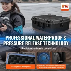 VEVOR Weatherproof Hard Case, Heavy Duty Protective Dry Box Case with Pre-cut Foam, and Retractable Pull Handles for Travel, Hunting, Military, Tactical, IP67 Waterproof Case for Cameras (56.1x37x26)