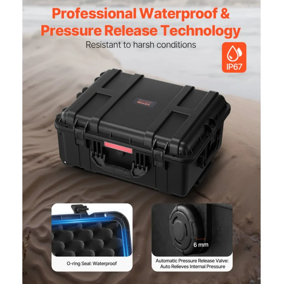 VEVOR Weatherproof Hard Case, Heavy Duty Protective Dry Box Case with Pre-Cut Foam, Wheels & Retractable Pull Handles for Travel, Hunt, Military, Tactical, IP67 Waterproof Case for Cameras(57x45x28)