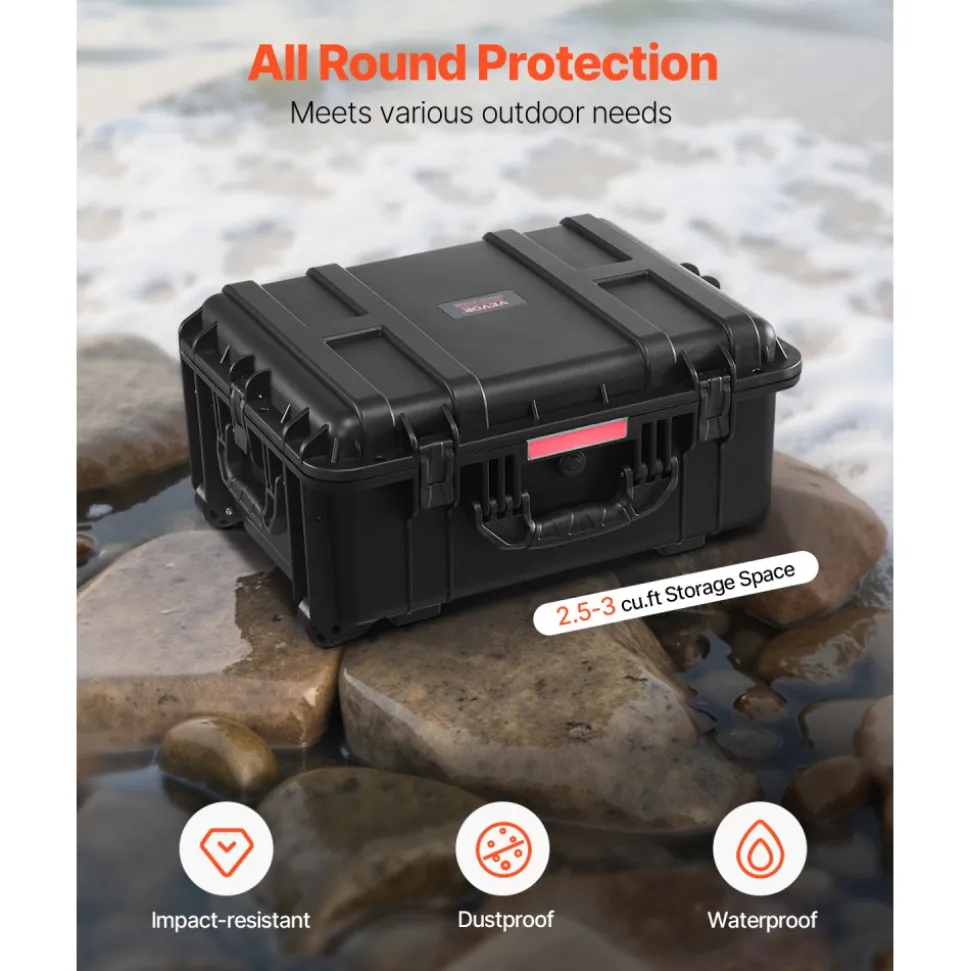 VEVOR Weatherproof Hard Case, Heavy Duty Protective Dry Box Case with Pre-Cut Foam, Wheels & Retractable Pull Handles for Travel, Hunt, Military, Tactical, IP67 Waterproof Case for Cameras(57x45x28)
