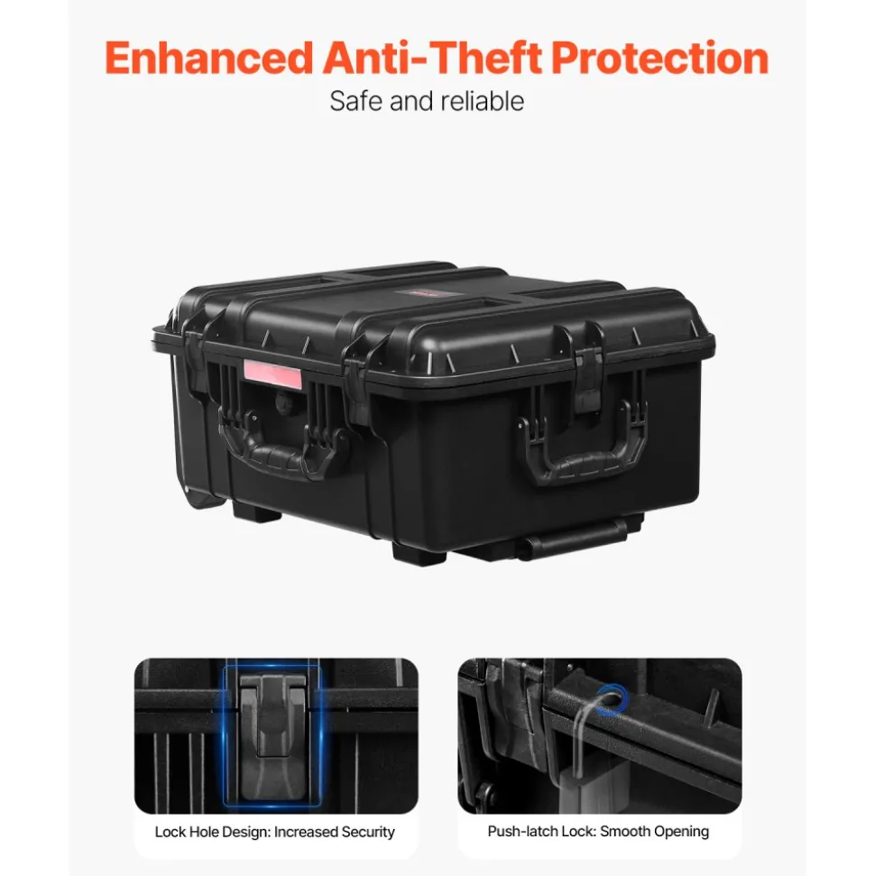 VEVOR Weatherproof Hard Case, Heavy Duty Protective Dry Box Case with Pre-Cut Foam, Wheels & Retractable Pull Handles for Travel, Hunt, Military, Tactical, IP67 Waterproof Case for Cameras(57x45x28)
