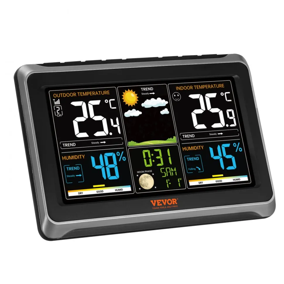 VEVOR Weather Station Indoor Outdoor, 7.5 in Color Display, Wireless Digital Home Weather Station, with Sensor Atomic Clock Adjustable Backlight Forecast Data Calendar Alarm Alert Temperature-NO WIFI