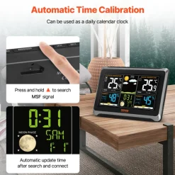 VEVOR Weather Station Indoor Outdoor, 7.5 in Color Display, Wireless Digital Home Weather Station, with Sensor Atomic Clock Adjustable Backlight Forecast Data Calendar Alarm Alert Temperature-NO WIFI