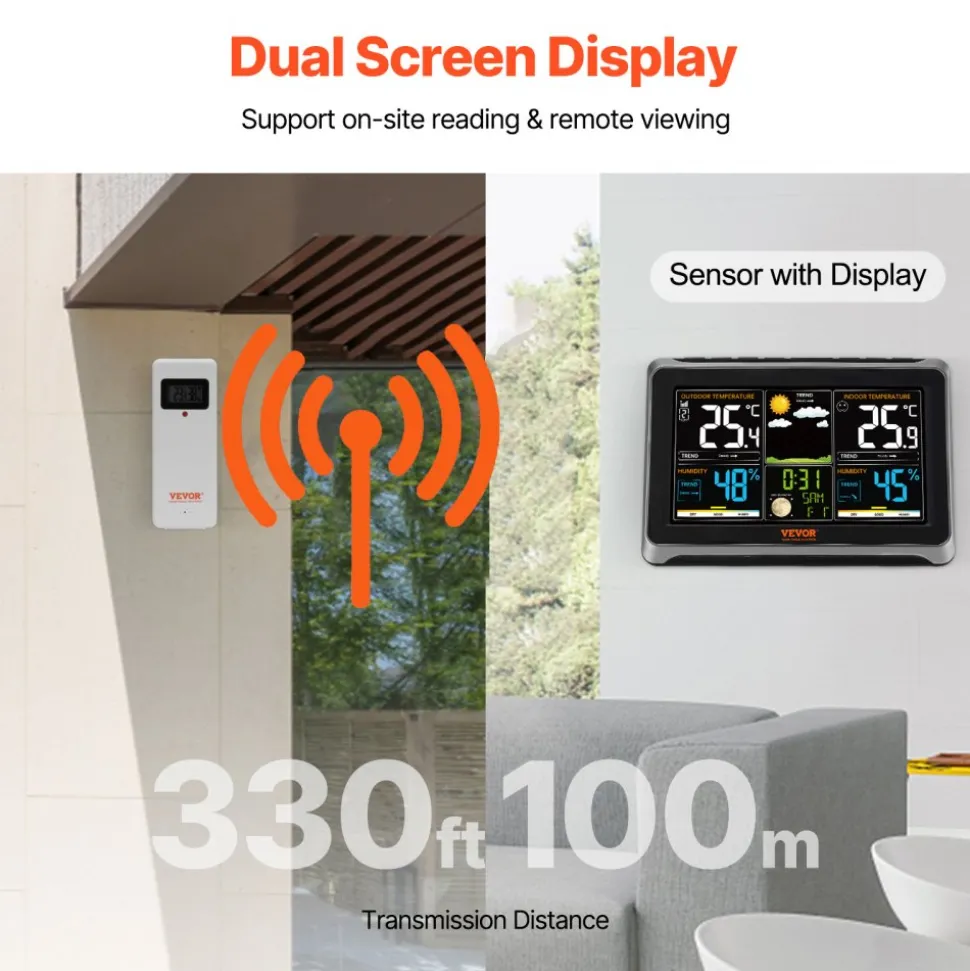 VEVOR Weather Station Indoor Outdoor, 7.5 in Color Display, Wireless Digital Home Weather Station, with Sensor Atomic Clock Adjustable Backlight Forecast Data Calendar Alarm Alert Temperature-NO WIFI