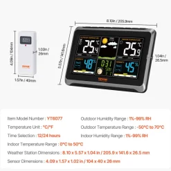 VEVOR Weather Station Indoor Outdoor, 7.5 in Color Display, Wireless Digital Home Weather Station, with Sensor Atomic Clock Adjustable Backlight Forecast Data Calendar Alarm Alert Temperature-NO WIFI