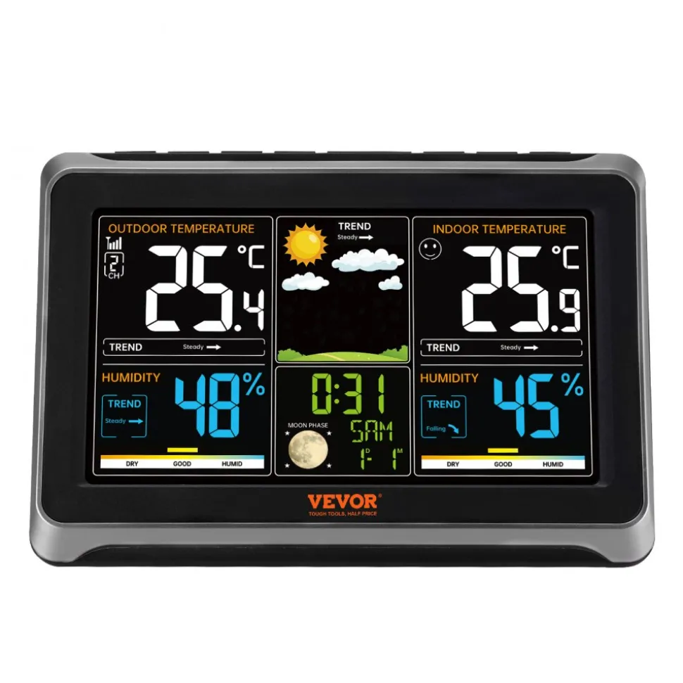 VEVOR Weather Station Indoor Outdoor, 7.5 in Color Display, Wireless Digital Home Weather Station, with Sensor Atomic Clock Adjustable Backlight Forecast Data Calendar Alarm Alert Temperature-NO WIFI