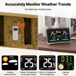 VEVOR Weather Station Indoor Outdoor, 7.5 in Color Display, Wireless Digital Home Weather Station, with Sensor Atomic Clock Adjustable Backlight Forecast Data Calendar Alarm Alert Temperature-NO WIFI
