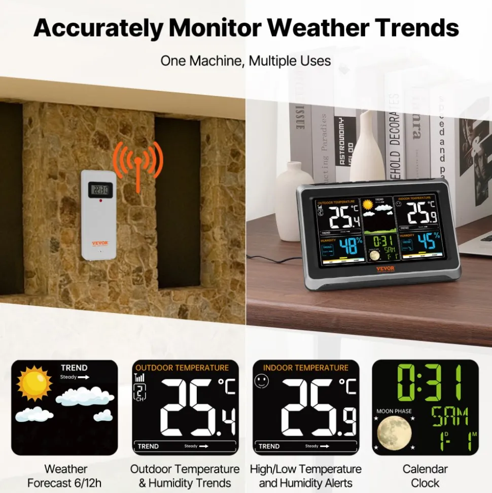 VEVOR Weather Station Indoor Outdoor, 7.5 in Color Display, Wireless Digital Home Weather Station, with Sensor Atomic Clock Adjustable Backlight Forecast Data Calendar Alarm Alert Temperature-NO WIFI