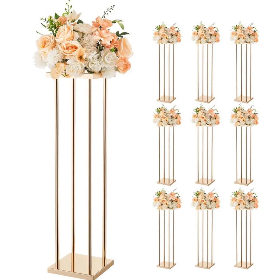 VEVOR Wedding Flower Stand, 10PCS 23.62-inch Column Flower Stand, Floral Stands with Metal Laminate, Cylindrical Cubic Floral Display Rack for Wedding, Party, Birthday, Home, French Gold Stands