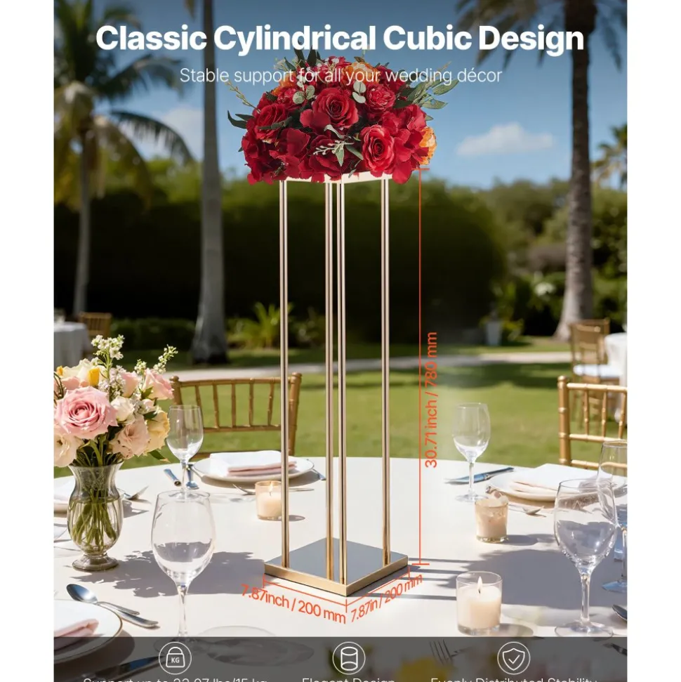 VEVOR Wedding Flower Stand, 10PCS 23.62-inch Column Flower Stand, Floral Stands with Metal Laminate, Cylindrical Cubic Floral Display Rack for Wedding, Party, Birthday, Home, French Gold Stands