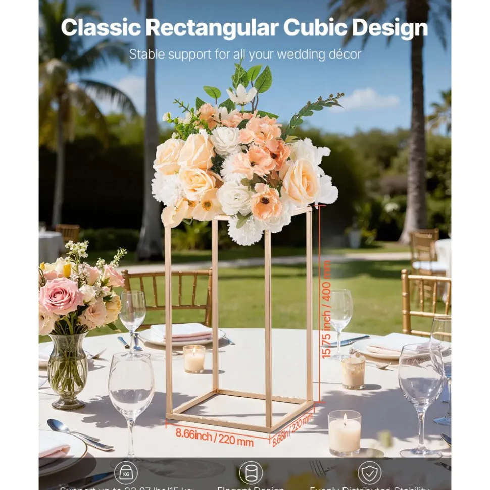 VEVOR Wedding Flower Stand, 10PCS 15.75-inch Column Flower Stand, Floral Stands with Acrylic Laminate, Gold Rectangular Floral Display Rack for Wedding, Party, Birthday, Home, Gold Centerpiece Stands