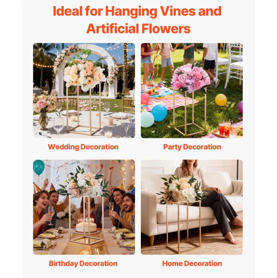 VEVOR Wedding Flower Stand, 10PCS 15.75-inch Column Flower Stand, Floral Stands with Acrylic Laminate, Gold Rectangular Floral Display Rack for Wedding, Party, Birthday, Home, Gold Centerpiece Stands