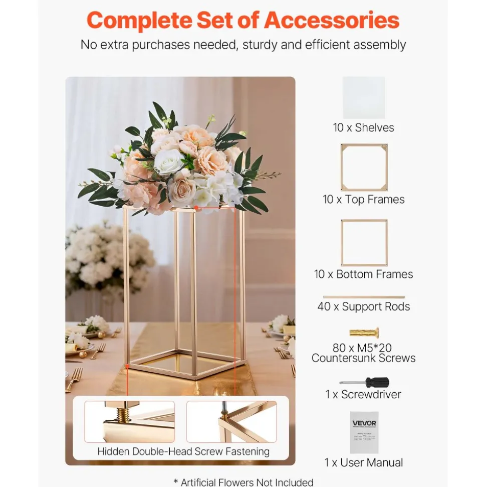 VEVOR Wedding Flower Stand, 10PCS 15.75-inch Column Flower Stand, Floral Stands with Acrylic Laminate, Gold Rectangular Floral Display Rack for Wedding, Party, Birthday, Home, Gold Centerpiece Stands