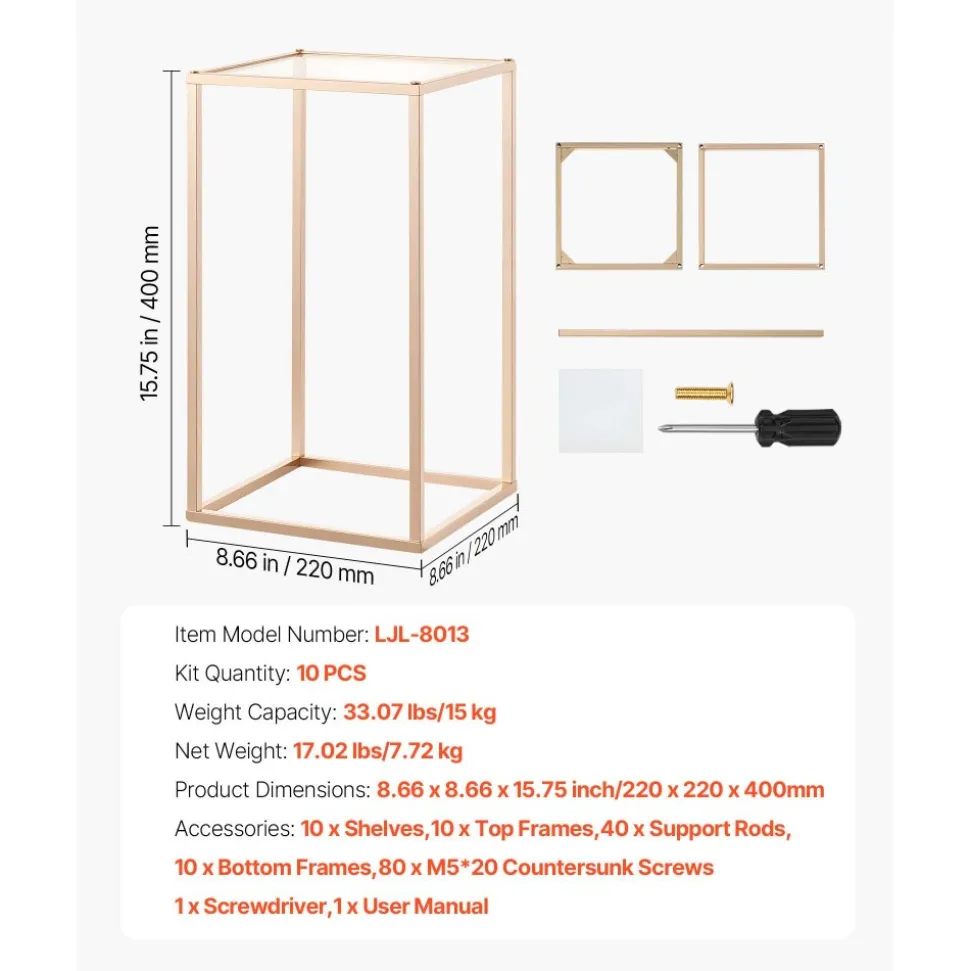 VEVOR Wedding Flower Stand, 10PCS 15.75-inch Column Flower Stand, Floral Stands with Acrylic Laminate, Gold Rectangular Floral Display Rack for Wedding, Party, Birthday, Home, Gold Centerpiece Stands