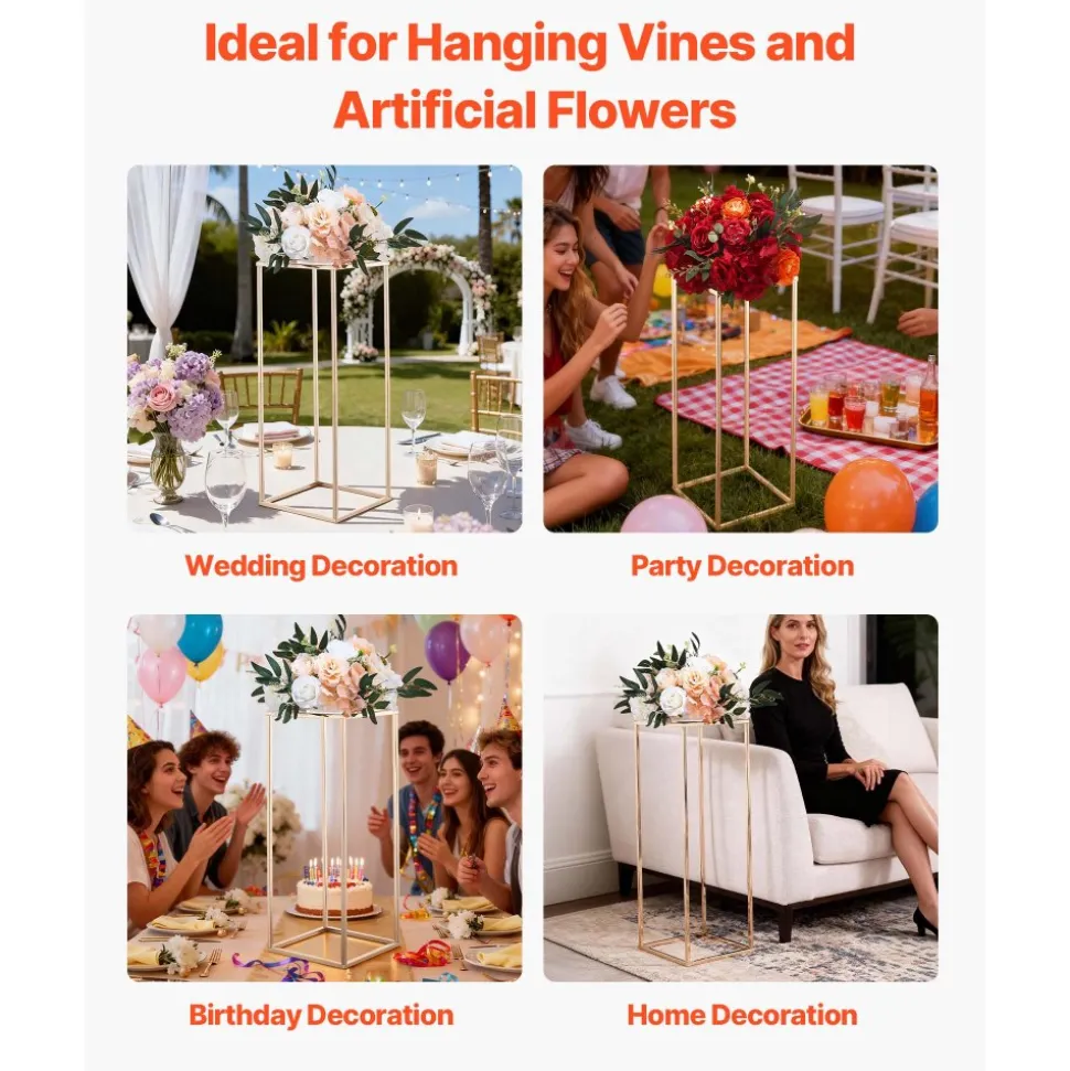 VEVOR Wedding Flower Stand, 10PCS 31.5-inch Column Flower Stand, Floral Stands with Metal Laminate, Rectangular Floral Display Rack for Wedding, Party, Birthday, Home, French Gold Stands