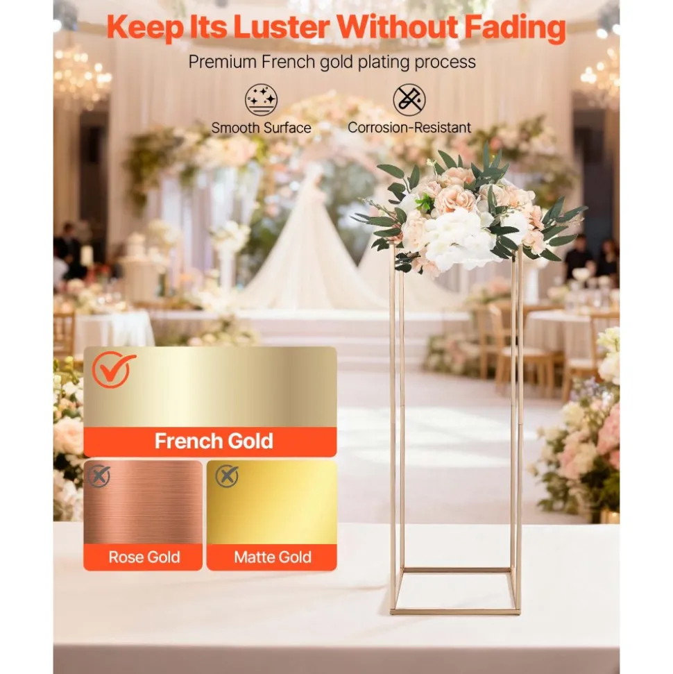 VEVOR Wedding Flower Stand, 10PCS 31.5-inch Column Flower Stand, Floral Stands with Metal Laminate, Rectangular Floral Display Rack for Wedding, Party, Birthday, Home, French Gold Stands