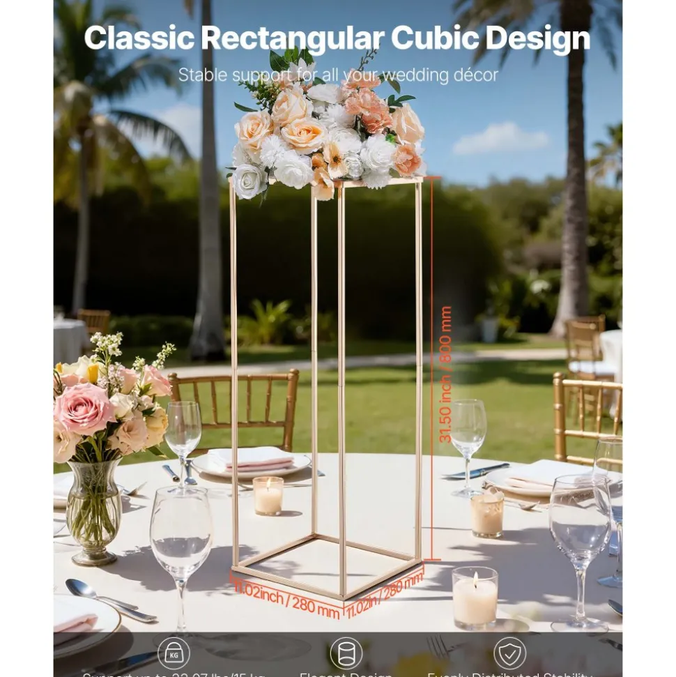 VEVOR Wedding Flower Stand, 10PCS 31.5-inch Column Flower Stand, Floral Stands with Metal Laminate, Rectangular Floral Display Rack for Wedding, Party, Birthday, Home, French Gold Stands