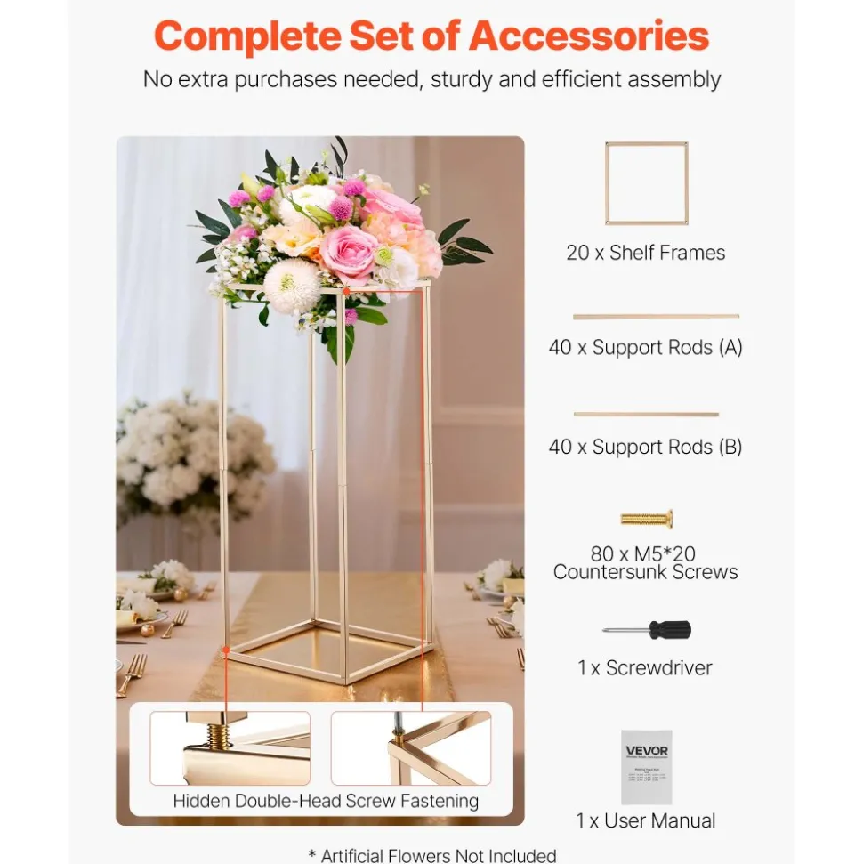 VEVOR Wedding Flower Stand, 10PCS 23.62-inch Column Flower Stand, Floral Stands with Hidden Screw, Rectangular Cubic Floral Display Rack for Wedding, Party, Birthday, Home, French Gold Stands