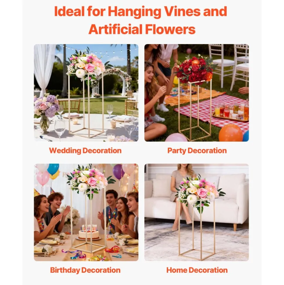 VEVOR Wedding Flower Stand, 10PCS 23.62-inch Column Flower Stand, Floral Stands with Hidden Screw, Rectangular Cubic Floral Display Rack for Wedding, Party, Birthday, Home, French Gold Stands