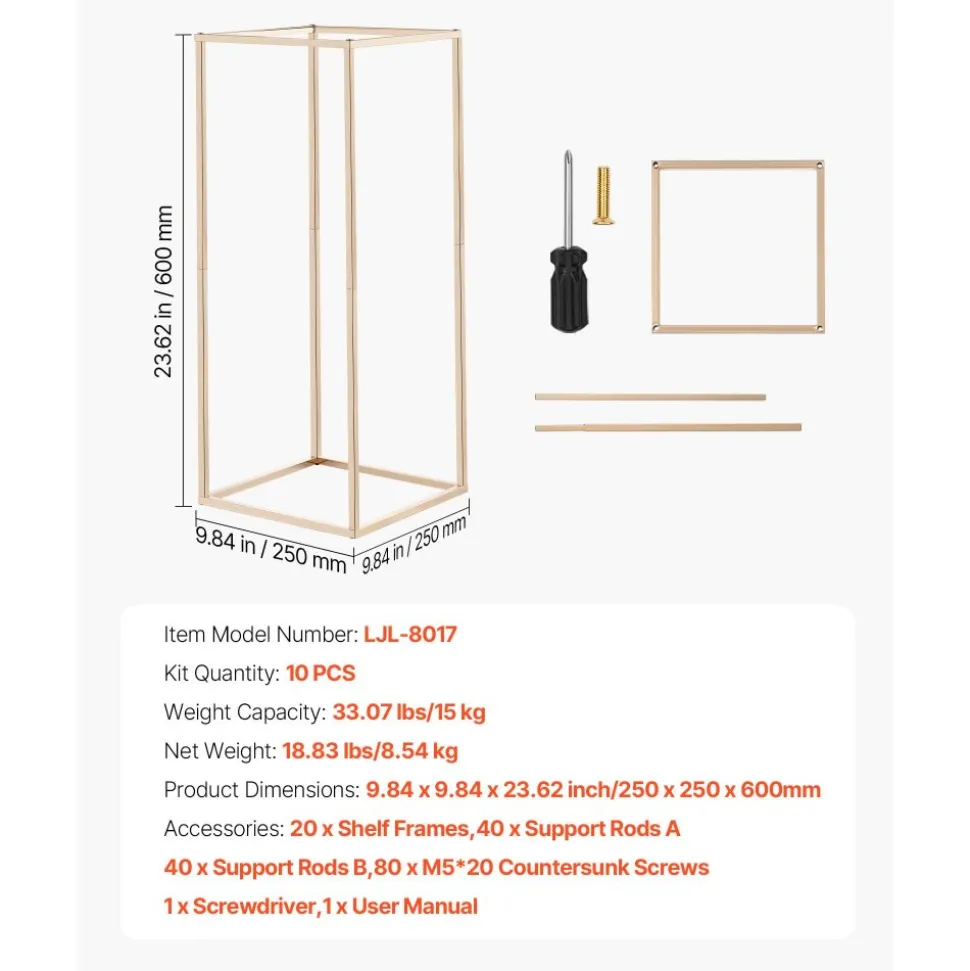 VEVOR Wedding Flower Stand, 10PCS 23.62-inch Column Flower Stand, Floral Stands with Hidden Screw, Rectangular Cubic Floral Display Rack for Wedding, Party, Birthday, Home, French Gold Stands