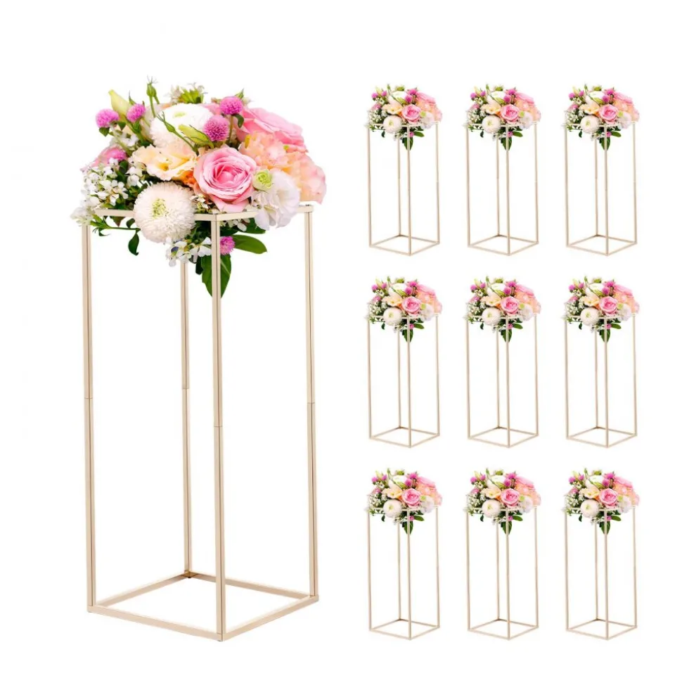 VEVOR Wedding Flower Stand, 10PCS 23.62-inch Column Flower Stand, Floral Stands with Hidden Screw, Rectangular Cubic Floral Display Rack for Wedding, Party, Birthday, Home, French Gold Stands