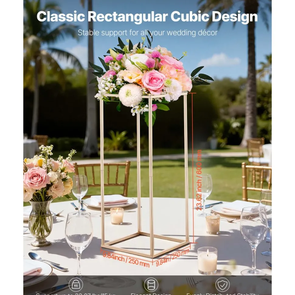 VEVOR Wedding Flower Stand, 10PCS 23.62-inch Column Flower Stand, Floral Stands with Hidden Screw, Rectangular Cubic Floral Display Rack for Wedding, Party, Birthday, Home, French Gold Stands
