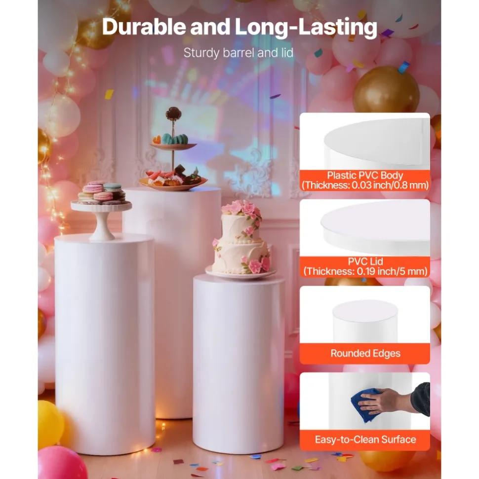 VEVOR Wedding Flower Stand, 3PCS 23.62/29.53/35.43 inch Round Cylinder Plinth, White Pedestal Stand with PVC Lid, Cylindrical Pedestal Stands for Wedding, Party, Birthday, Art Decor, 33.07 lbs Load