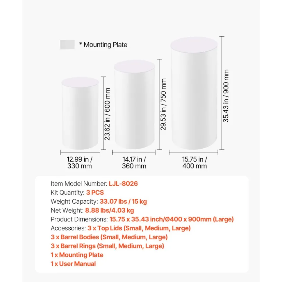 VEVOR Wedding Flower Stand, 3PCS 23.62/29.53/35.43 inch Round Cylinder Plinth, White Pedestal Stand with PVC Lid, Cylindrical Pedestal Stands for Wedding, Party, Birthday, Art Decor, 33.07 lbs Load