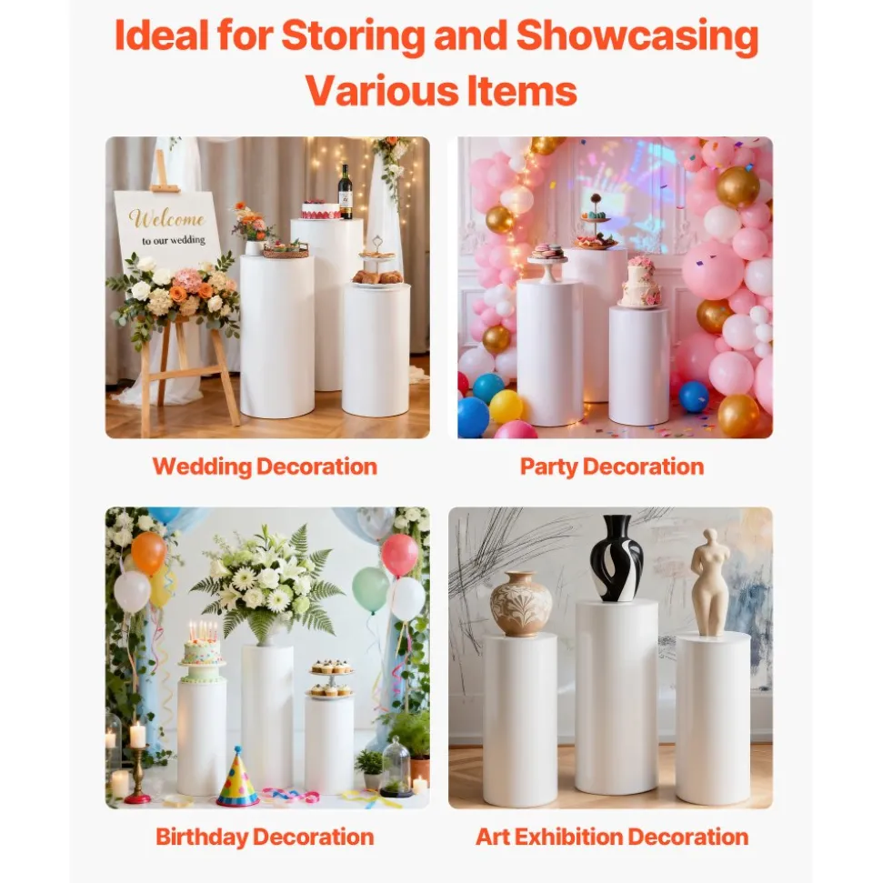 VEVOR Wedding Flower Stand, 3PCS 23.62/29.53/35.43 inch Round Cylinder Plinth, White Pedestal Stand with PVC Lid, Cylindrical Pedestal Stands for Wedding, Party, Birthday, Art Decor, 33.07 lbs Load