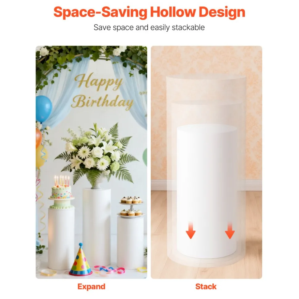 VEVOR Wedding Flower Stand, 3PCS 23.62/29.53/35.43 inch Round Cylinder Plinth, White Pedestal Stand with PVC Lid, Cylindrical Pedestal Stands for Wedding, Party, Birthday, Art Decor, 33.07 lbs Load