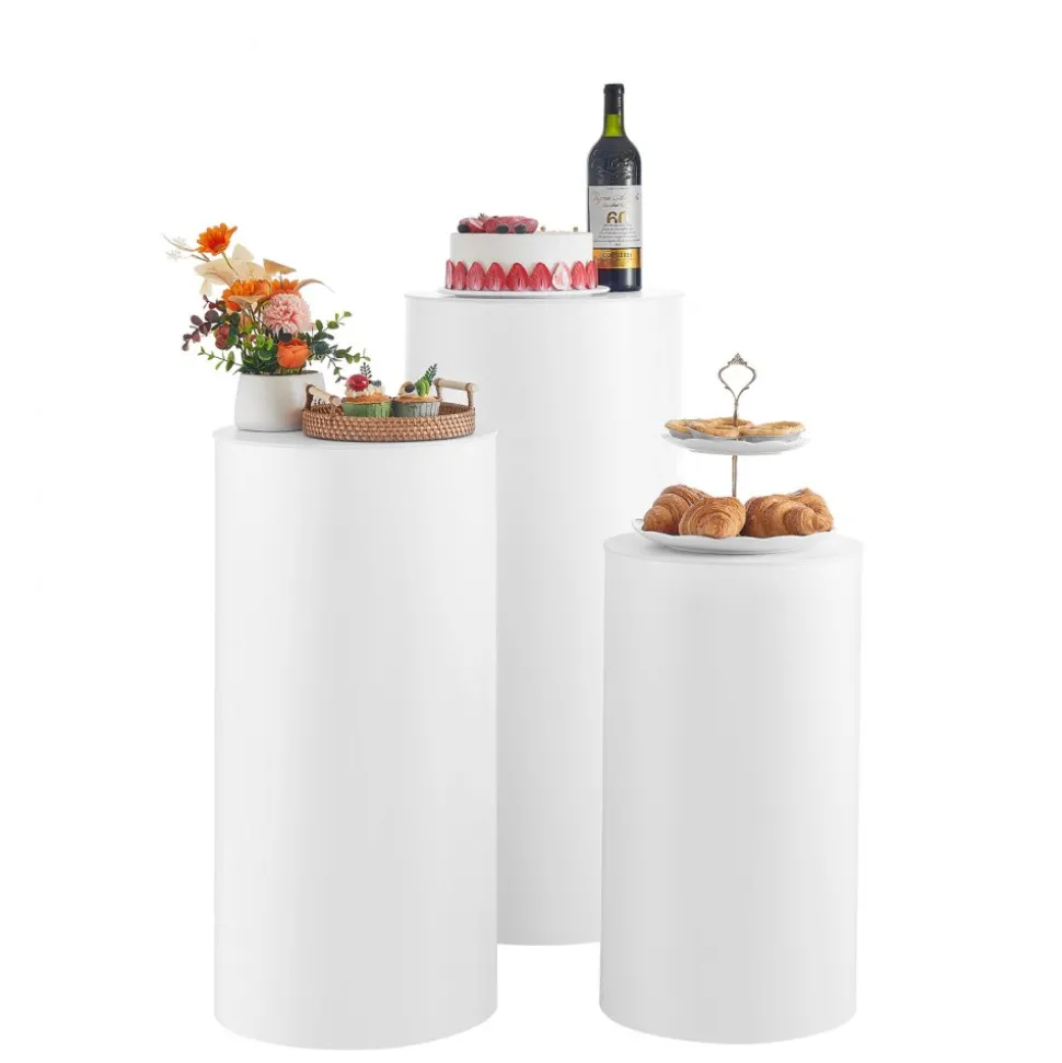 VEVOR Wedding Flower Stand, 3PCS 23.62/29.53/35.43 inch Round Cylinder Plinth, White Pedestal Stand with PVC Lid, Cylindrical Pedestal Stands for Wedding, Party, Birthday, Art Decor, 33.07 lbs Load