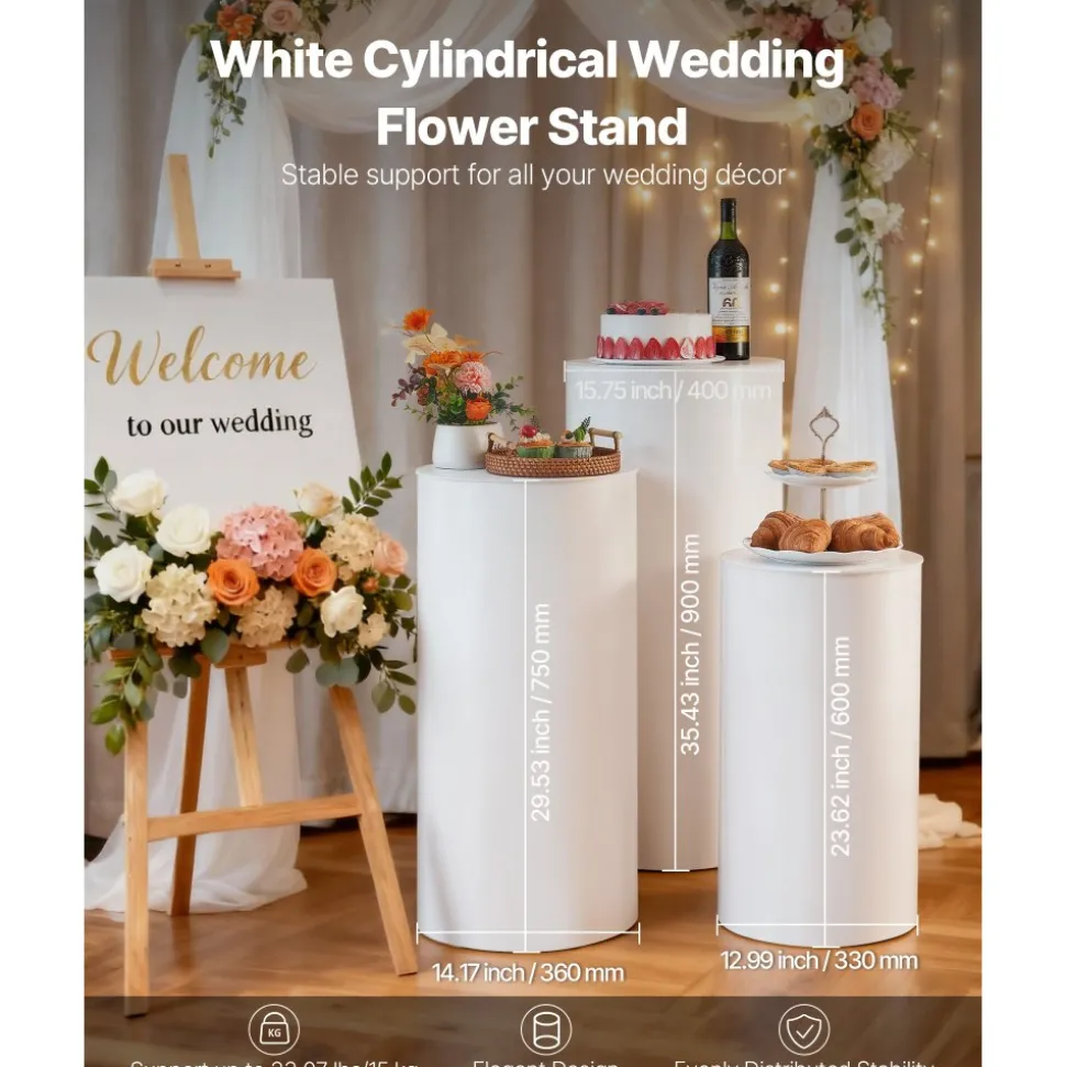 VEVOR Wedding Flower Stand, 3PCS 23.62/29.53/35.43 inch Round Cylinder Plinth, White Pedestal Stand with PVC Lid, Cylindrical Pedestal Stands for Wedding, Party, Birthday, Art Decor, 33.07 lbs Load