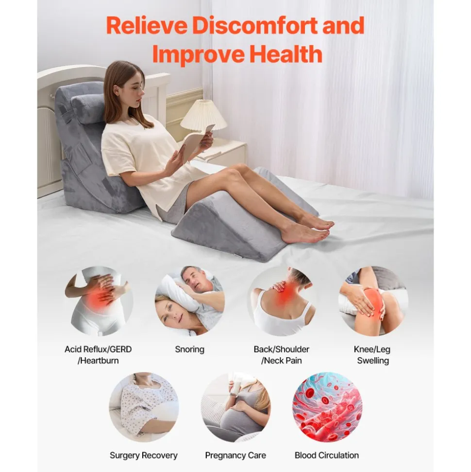 VEVOR Wedge Pillow for Sleeping, 4 Pcs Adjustable Orthopedic Bed Wedge Set, Support Leg Neck Shoulder, Post Surgery Pillow for Back Pain, Acid Reflux, Snoring Relief, Sitting up in Bed, Dark Grey