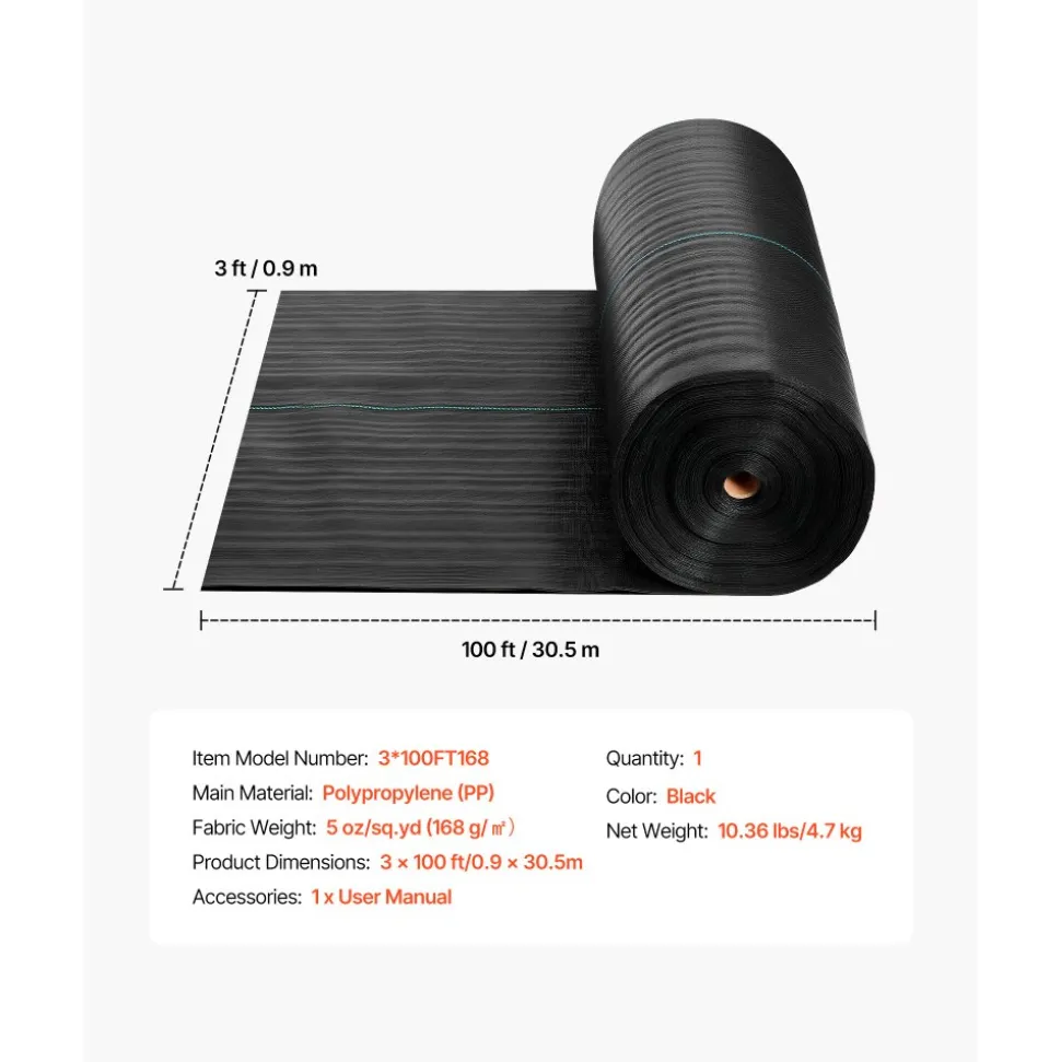 VEVOR Weed Barrier Fabric Heavy Duty, 3x100FT 5oz Landscape Fabric, Woven Weed Blocker Fabrics, Garden Fabrics Weeds Barrier, Weeds Control Ground Cover, Geotextile Webbing, Gardening Mat, Black