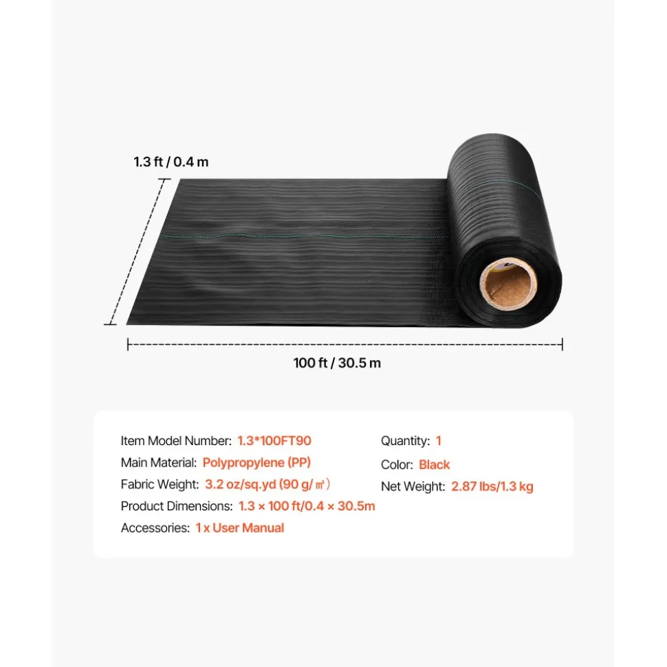 VEVOR Weed Barrier Fabric Heavy Duty, 1.3x100FT 3.2oz Landscape Fabric, Woven Weed Blocker Fabrics, Garden Fabrics Weeds Barrier, Weeds Control Ground Cover, Geotextile Webbing, Gardening Mat, Black