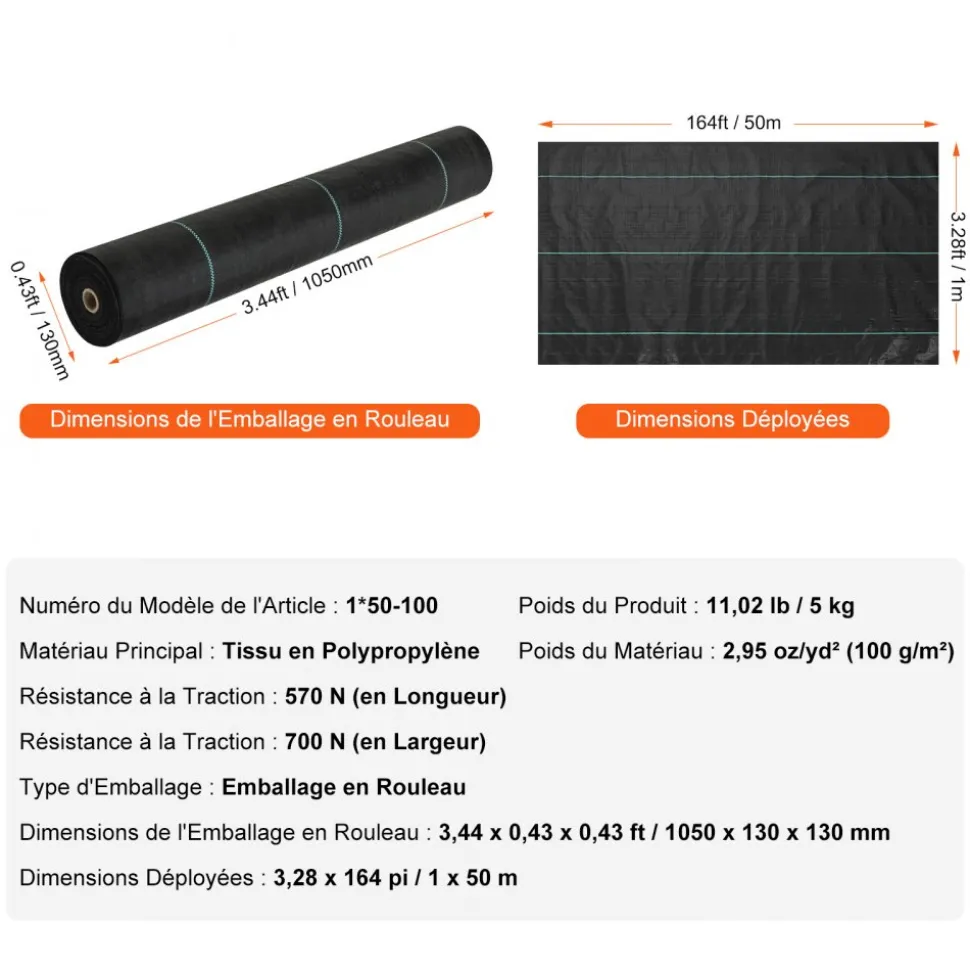 VEVOR Weed Barrier Landscape Fabric, 3.28*164FT Heavy Duty Garden Weed Fabric, Woven PP Weed Control Fabric, Driveway Fabric, Geotextile Fabric for Landscaping, Ground Cover, Weed Blocker Weed Mat, Black