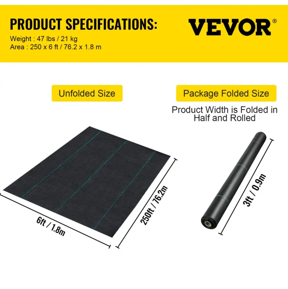 VEVOR Weed Barrier Landscape Fabric, 6 x 250 ft, 4.1 Oz Premium Woven Ground Cover, Heavy Duty PP Material & Easy Setup, Weed Control for Outdoor Garden, Lawn, Driveway, Black
