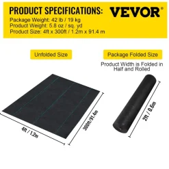VEVOR Weed Barrier, 5.8oz Landscape Fabric, 4ft x 300ft Cover Mat Heavy Duty Woven Grass Control Geotextile for Garden, Patio, Black