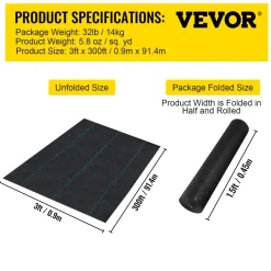 VEVOR Weed Barrier, 5.8oz Landscape Fabric, 3ft x 300ft Cover Mat Heavy Duty Woven Grass Control Geotextile for Garden, Patio, Black