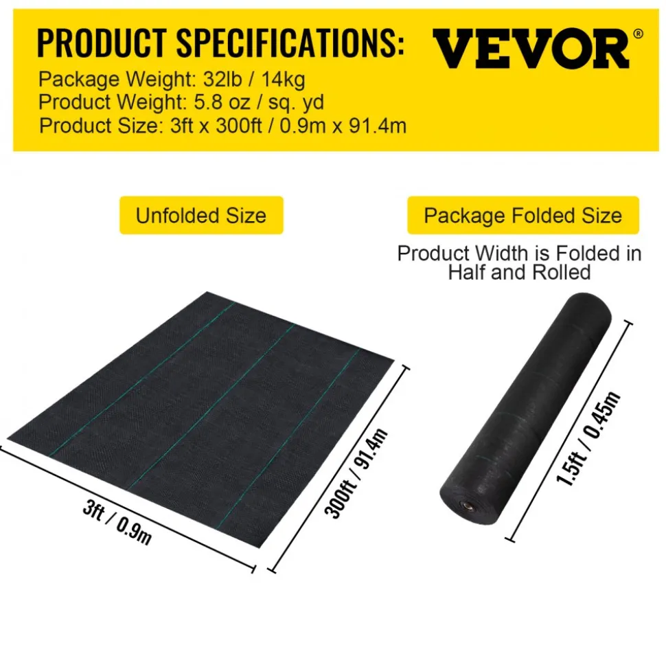 VEVOR Weed Barrier, 5.8oz Landscape Fabric, 3ft x 300ft Cover Mat Heavy Duty Woven Grass Control Geotextile for Garden, Patio, Black